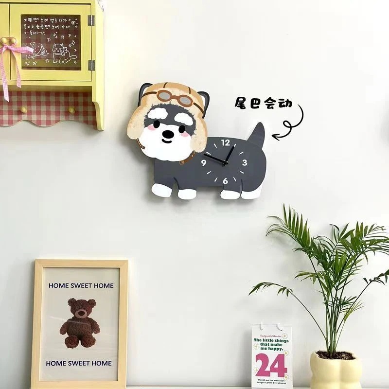 [即納]いまだけの超SALE！ シュナウザー壁掛け時計ホームリビングルーム装飾クリエイティブアート漫画かわいい子犬時計サイレント壁掛け時計 品質良い!