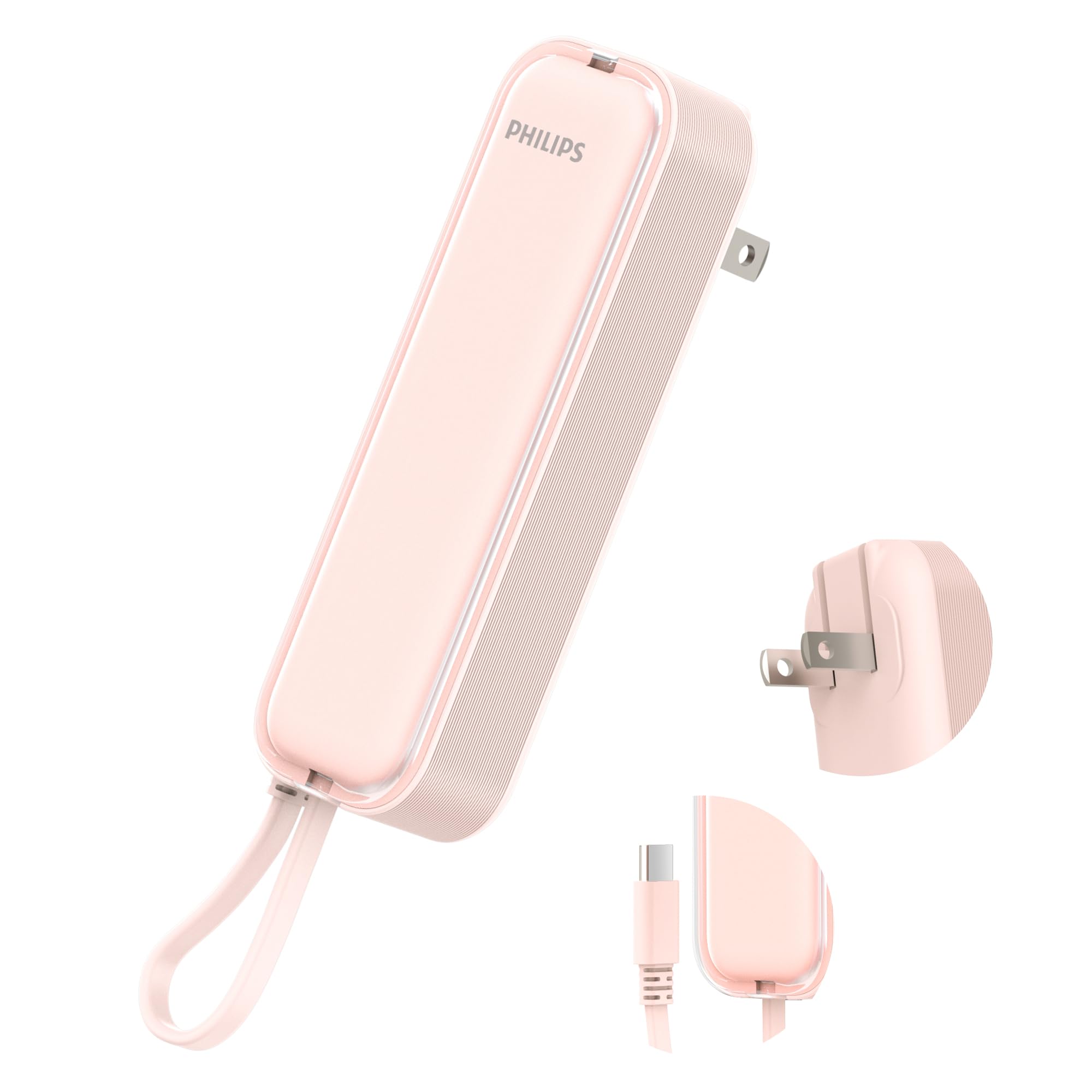 Philips (フィリップス) 小型 モバイルバッテリー ACプラグ付 5000mAh 大容量 入出力USB-Cケーブル内蔵 PD急速充電 軽量 二台同時充電 小電流デバイス対応 モバイル充電器 パ