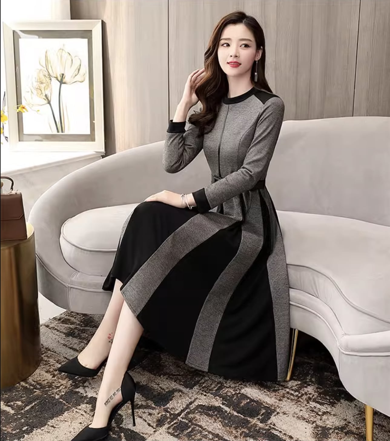 パーティードレス レディース ワンピース 膝下 長袖 フレア Aライン フェミニン プリーツ ベルト ウエストマーク ハイウエスト 切り替えデザイン かわいい 大人可愛い きれいめ シンプル