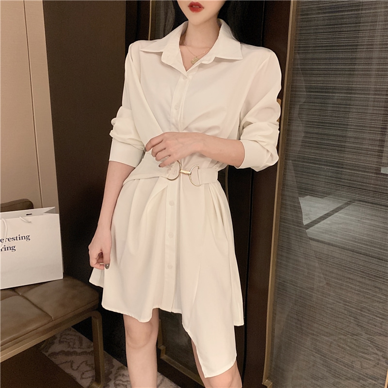 ワンピース シャツ ショート丈 袖あり 長袖 襟 ベルト ハイウエスト アシンメトリー 薄手 フリーサイズ ホワイト ブラック 個性的 セクシー 無地 春 秋 デート お出かけ レディース 女性用