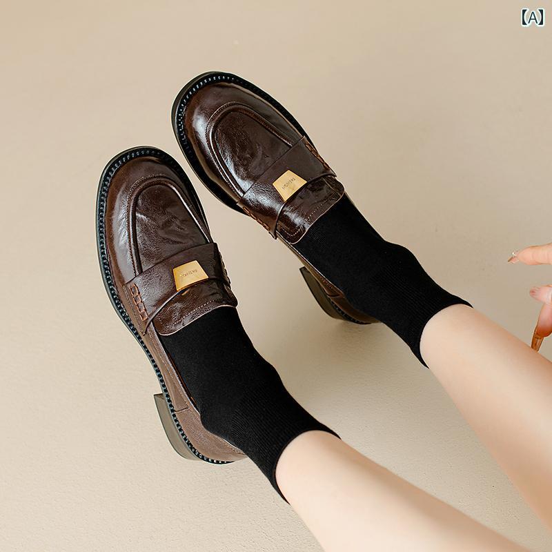 ローファー レディース 通学 通勤 学生 カレッジ 仕事 オフィス 春秋 ブラウン ラウンドトゥ シープスキン 女性 太い ヒール 英国 スタイル ミディアム ヒール 深口 シングル シューズ 女性