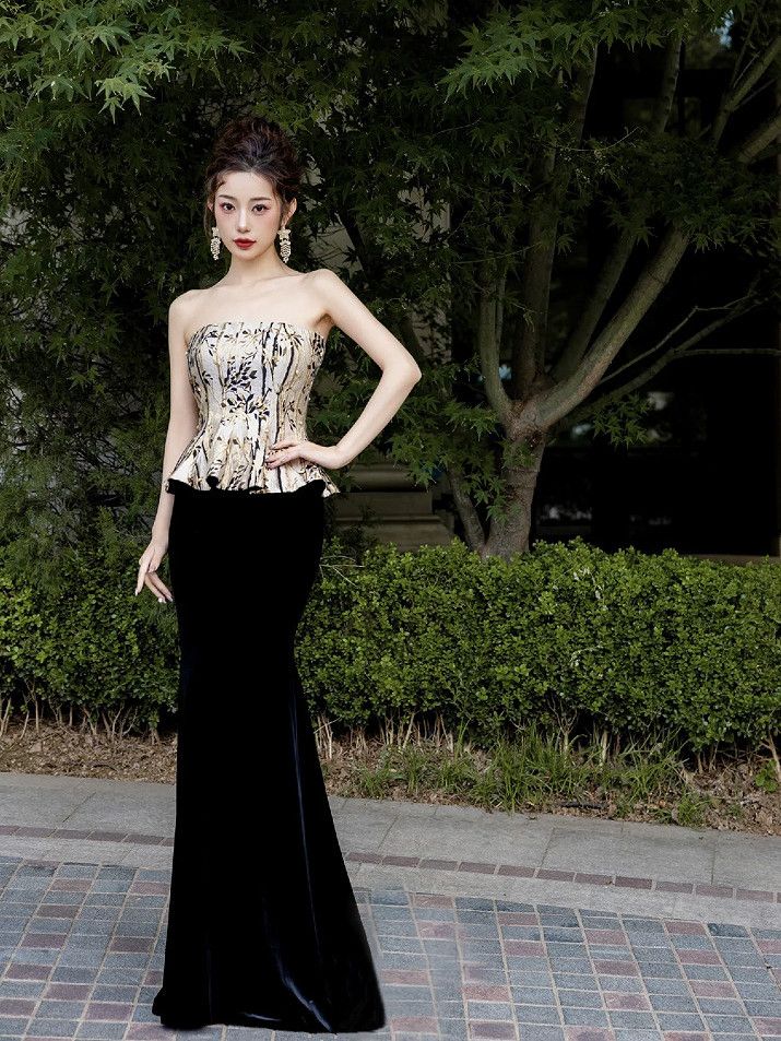 ブラックシニアバンケットイブニングドレス 2024ロングヘップバーンスタイルガウン 新しいスタイルのガウンドレス パーティードレス キャバドレス ウェディングドレス