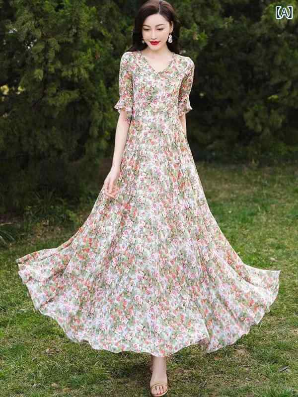 ワンピース レディース 海辺 休日 花柄 半袖 ドレス 女性用 夏 スタイル スリム グリーン シフォン ロング スカート ビーチバカンス