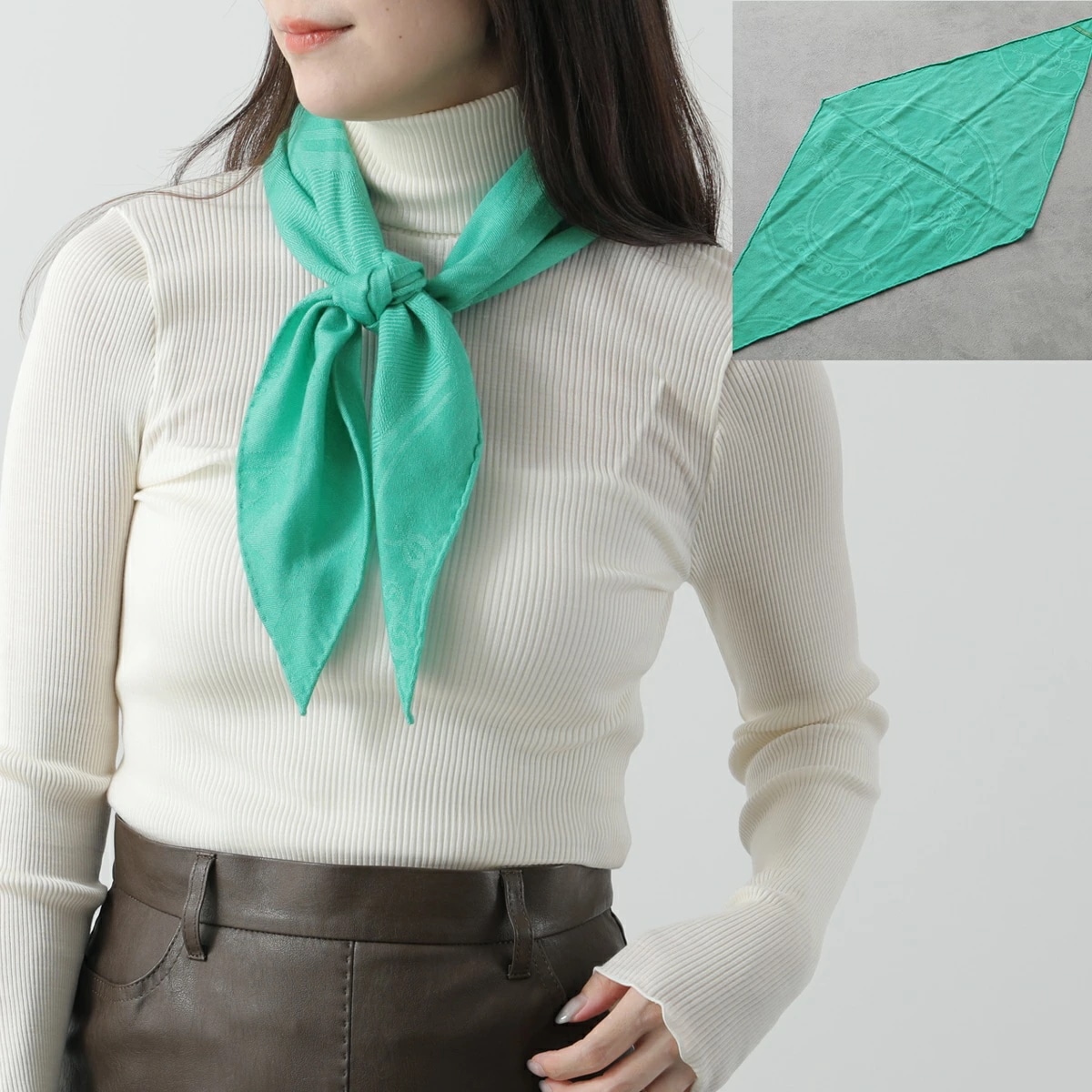 HERMES エルメス スカーフ ロザンジュ ミニ LOSANGE カシミヤ シルク カシシル ストール ひし形 ジャガード 総柄 Hロゴ ケース付き エメラルドグリーン