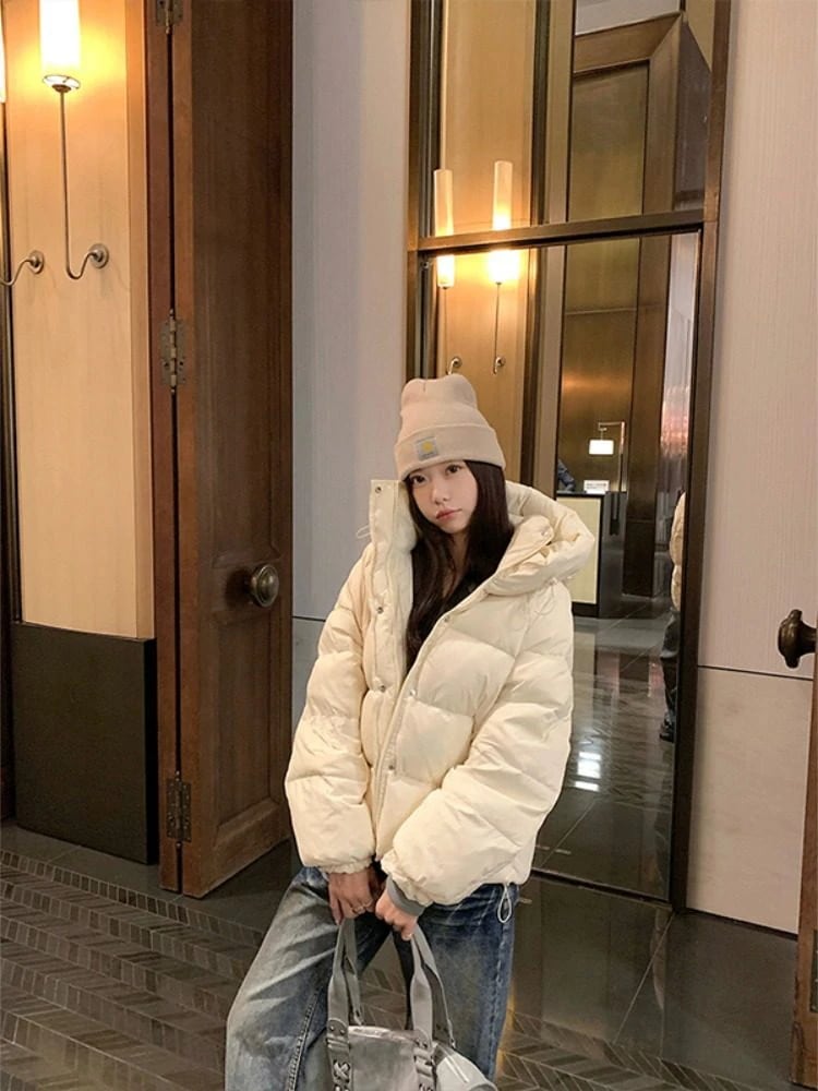 韓国風 アプリコット色 フード付き ダウンジャケット アウター レディース 冬用 引き紐 ゆったり 暖か 小柄 コーデ フリースタイル コットンコート コットンウールコート