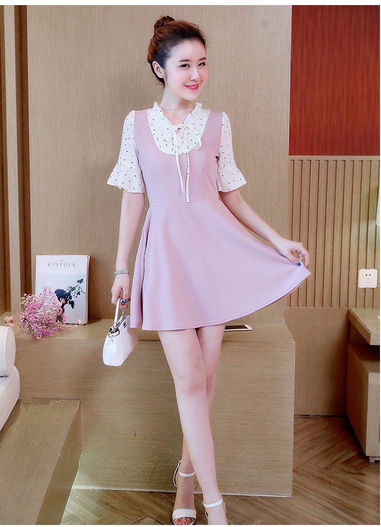 大人気！ 大好評につSALE延長 半袖ワンピース フレアスリーブ レース 切替 ピンク 半袖ミニ 膝丈ワンピ