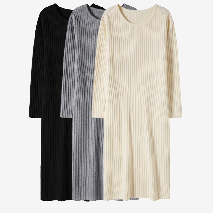 ワンピース 膝丈 ひざ丈 袖あり 長袖 Uネック タイト 細身 ストレート Iライン リブ かわいい 可愛い きれいめ シンプル カジュアル おしゃれ お洒落 可愛い 女子 こなれ感