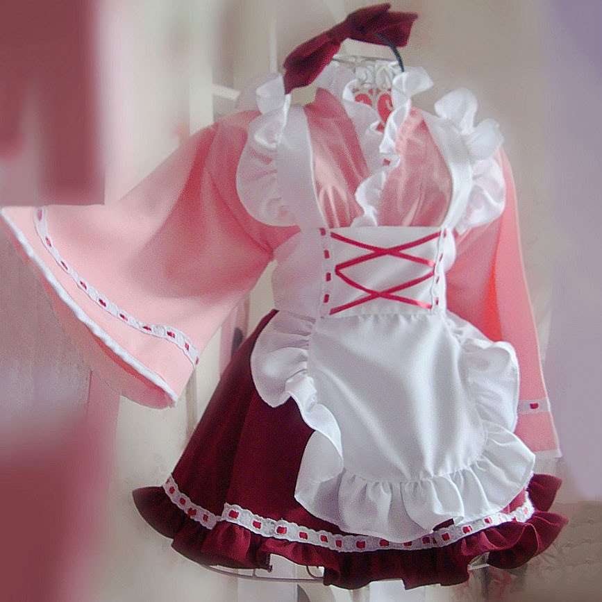 ピンク 和風 華やかメイド服 コスチューム衣装 和服 可愛い蝶結び 6分ワイド袖