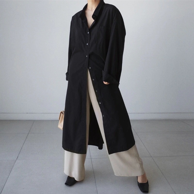 トップス シャツ ロング ロング丈 長袖 ドロップショルダー 襟付き ストレート ワイド ポケット 前開き ボタン 大人可愛い シンプル カジュアル 大人 おしゃれ お洒落 かっこいい スタイリッシュ