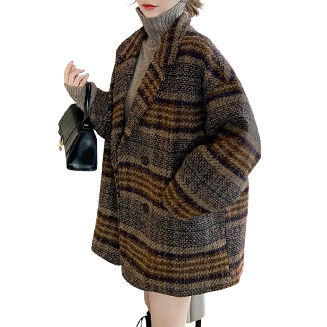 [Teddy] コート レディース アウター 中厚手 オーバーサイズ ゆったり 秋冬 防寒 グレンチェック柄 tops1353 (ブラウン, S)