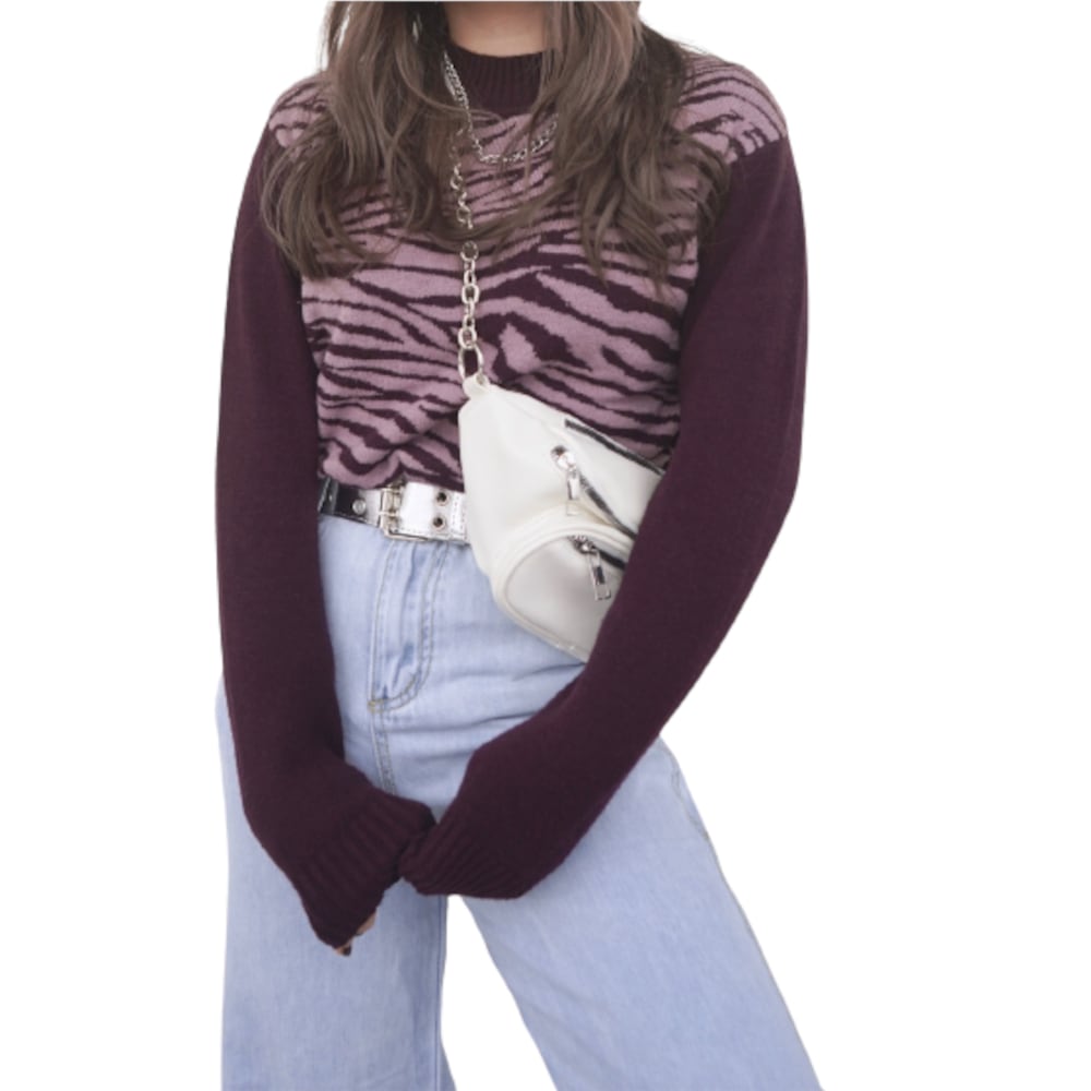 Zebra Pattern Mock Neck Knit Sweater (dark purple) A.D.G レディース トップス