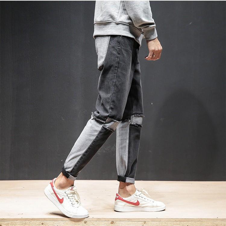 メンズ デニムパンツ パッチワーク切り替え リペア 切りっぱなし おしゃれ 個性的 ダメージ ブラック