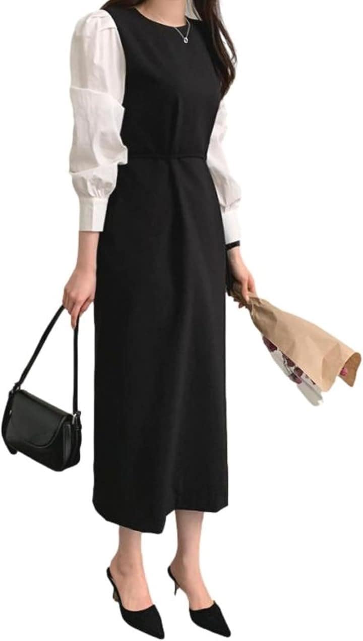 レイヤード風ワンピース ぽわん袖 ロング丈 ウエストマーク バイカラー 入園式 引き締め 切り替え 運動 大人女子 重ね着 ポッチャリ 婦人 華奢魅せ 爽やか 軽い(ブラック, XL) 5,642円