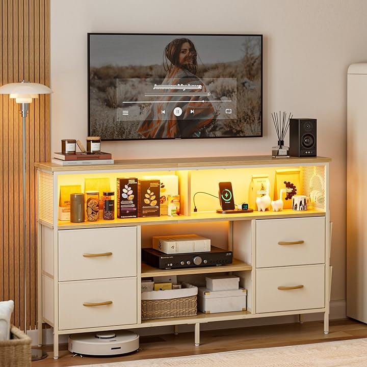 チェスト収納 タンス 棚付き 箪笥リビング収納チェスト LEDライト付き テレビボード おしゃれ 収納ケース 引き出し 大容量 USBポート付き洋服タンス (ベージュ, 幅140CM)