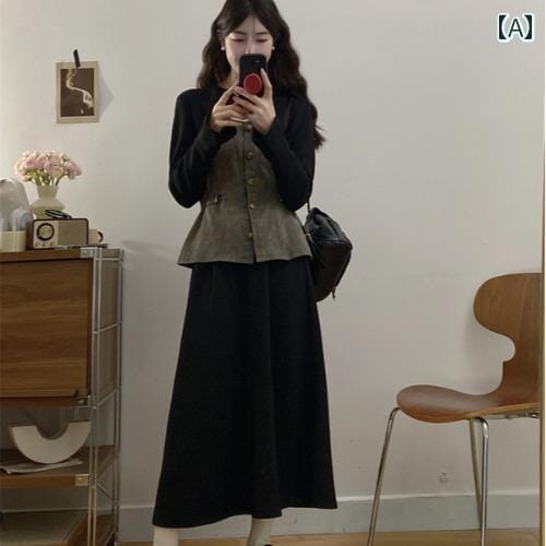 デニム スタイル レディース つなぎ合わせた フェイク ツーピース デニム トップス スカート スーツ 女性用 春 大きめ サイズ 太め 女子 レトロ スリム