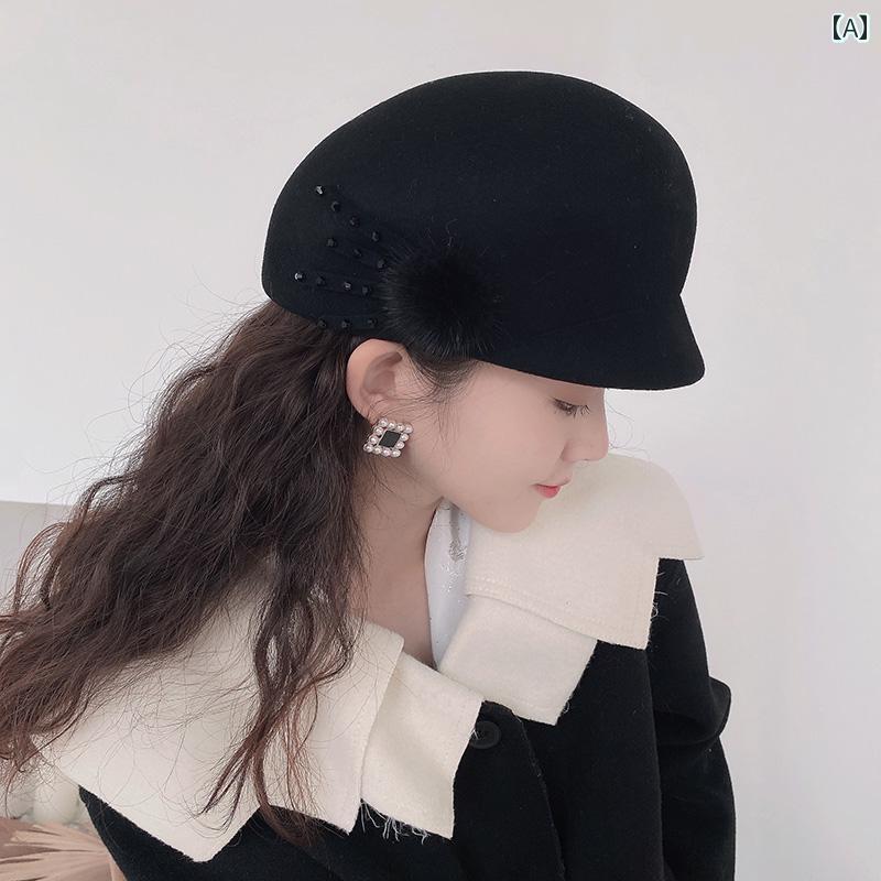 帽子 おしゃれ レディース レックス ウサギ 毛皮 ボール ウール ナイト ハット 秋冬 黒 ハット 乗馬 女性 レトロ ひさし