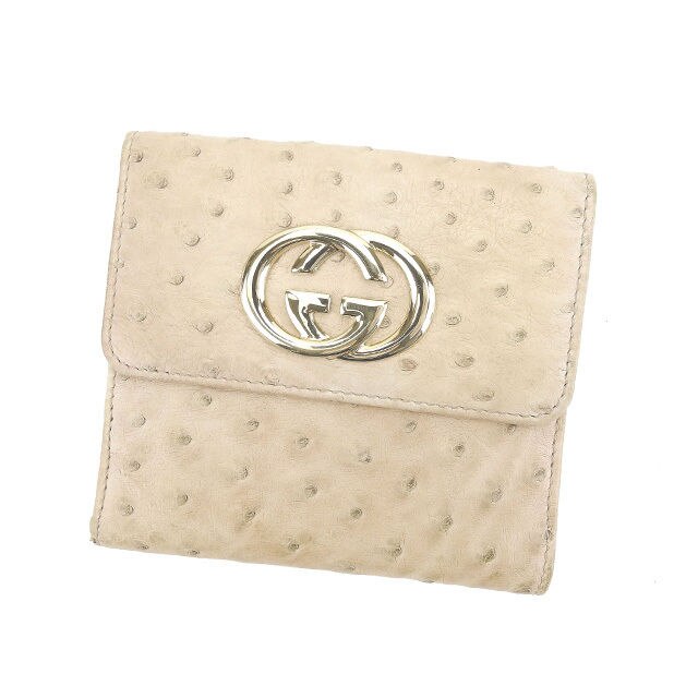 Wホック財布 二つ折り財布 インターロッキングG ベージュ ゴールド 中古