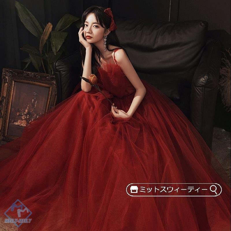 花嫁 ロングドレス カラードレス チュール ノースリーブ バイオリン演奏会 赤 レッド 結婚式 二次