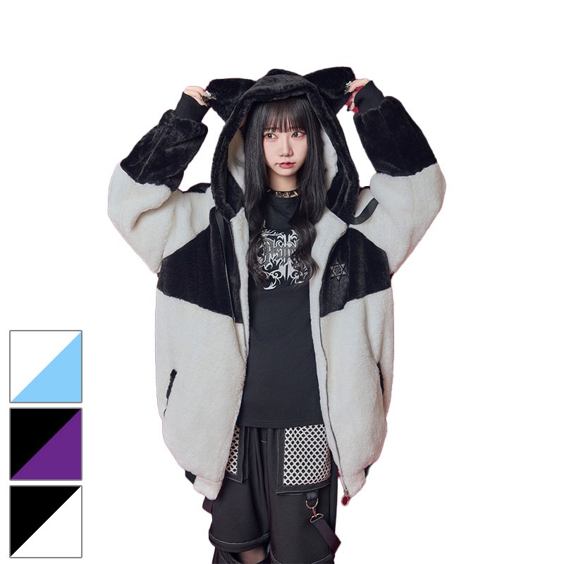 【MLサイズ/3カラー】猫耳天使 しっぽ付き 切替配色 ファーブルゾン 原宿 病みかわ メンズ レディース ユニセックス 734704