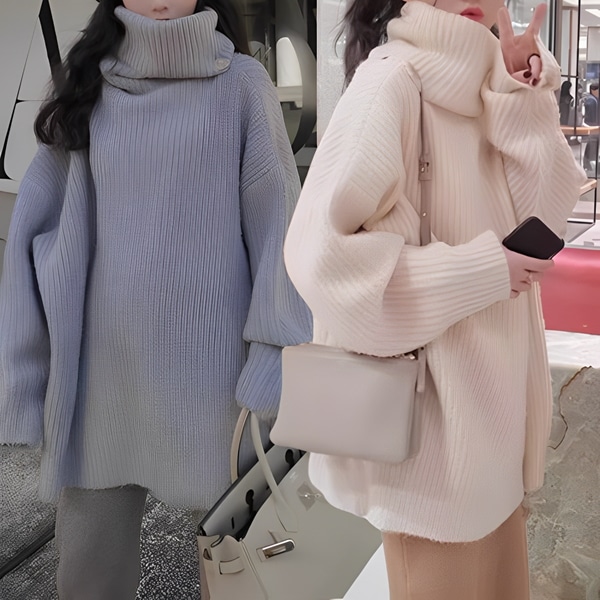 ２色展開 ハイカラールーズプルオーバー レディース トップス ニット セーター プルオーバー アウター ミドル丈 長袖 タートルネック ハイカラー ストレート バットスリーブ ヘッジスタイル ルーズ
