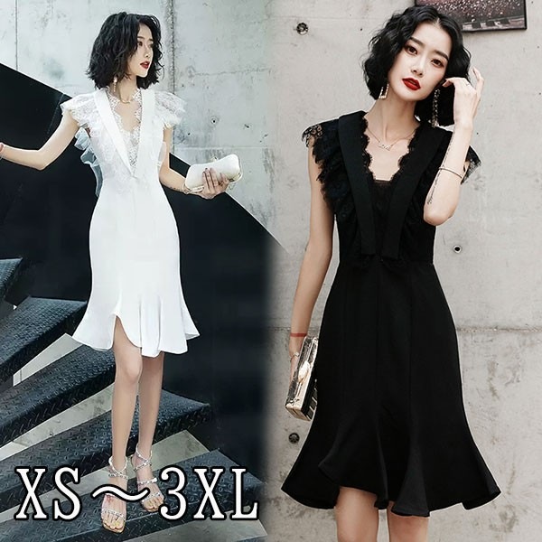 ドレス 大人 ピアノ 発表会 イブニングドレス Vネック パーティードレス ショート丈ドレス 演奏会 結婚式 成人式 Aライン ホワイト ブラック 大きいサイズ ワンピース 大人 上品 フォーマル フ