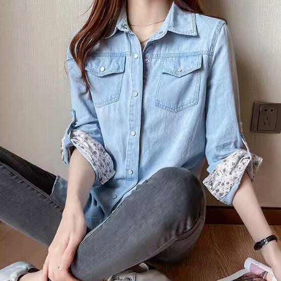 デニム 長袖 シャツ 羽織 前開き トップス レディース ロング 丈長 ラウンドネック 襟付き ポロカラー ストレート フェミニン ブルーデニム かわいい 大人可愛い シンプル カジュアル レトロ こ