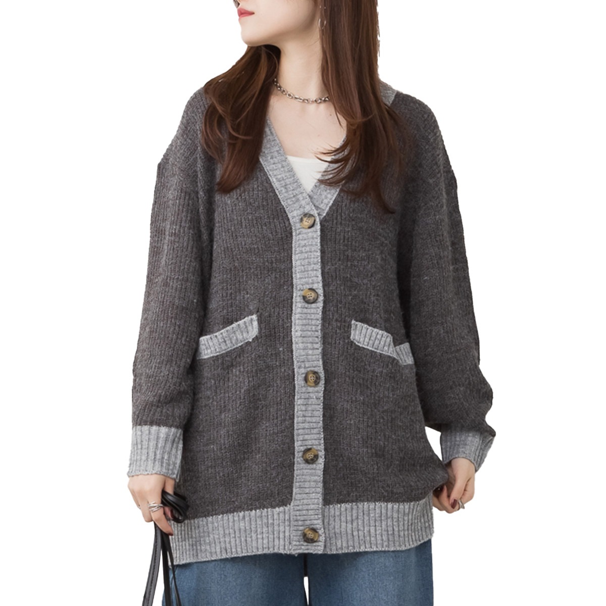 カーディガン レディース Vネック ニット 配色 バイカラー 大きいサイズ ゆったり 体型カバー お尻が隠れる 長袖 羽織り トップス 秋 冬 春 おしゃれ 大人可愛い カジュアル ママ ミセス 黒
