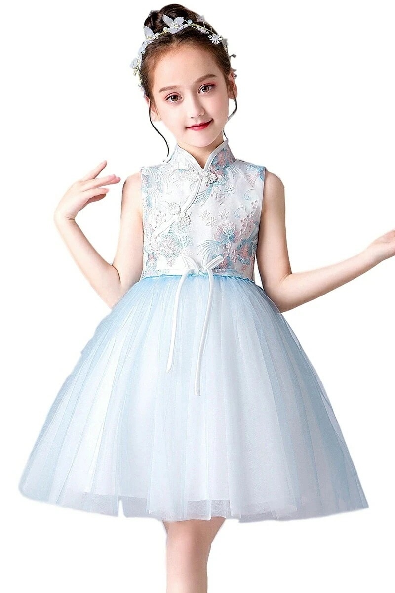 【大好評！最安値挑戦!】子どもドレス フォーマル ワンピース 子供 キッズ 女子 ホワイト ミニドレス チャイナドレス 花 刺繍 スタンドカラー 飾りボタン 水色 リボン ピアノ発表会 発表会 演奏会