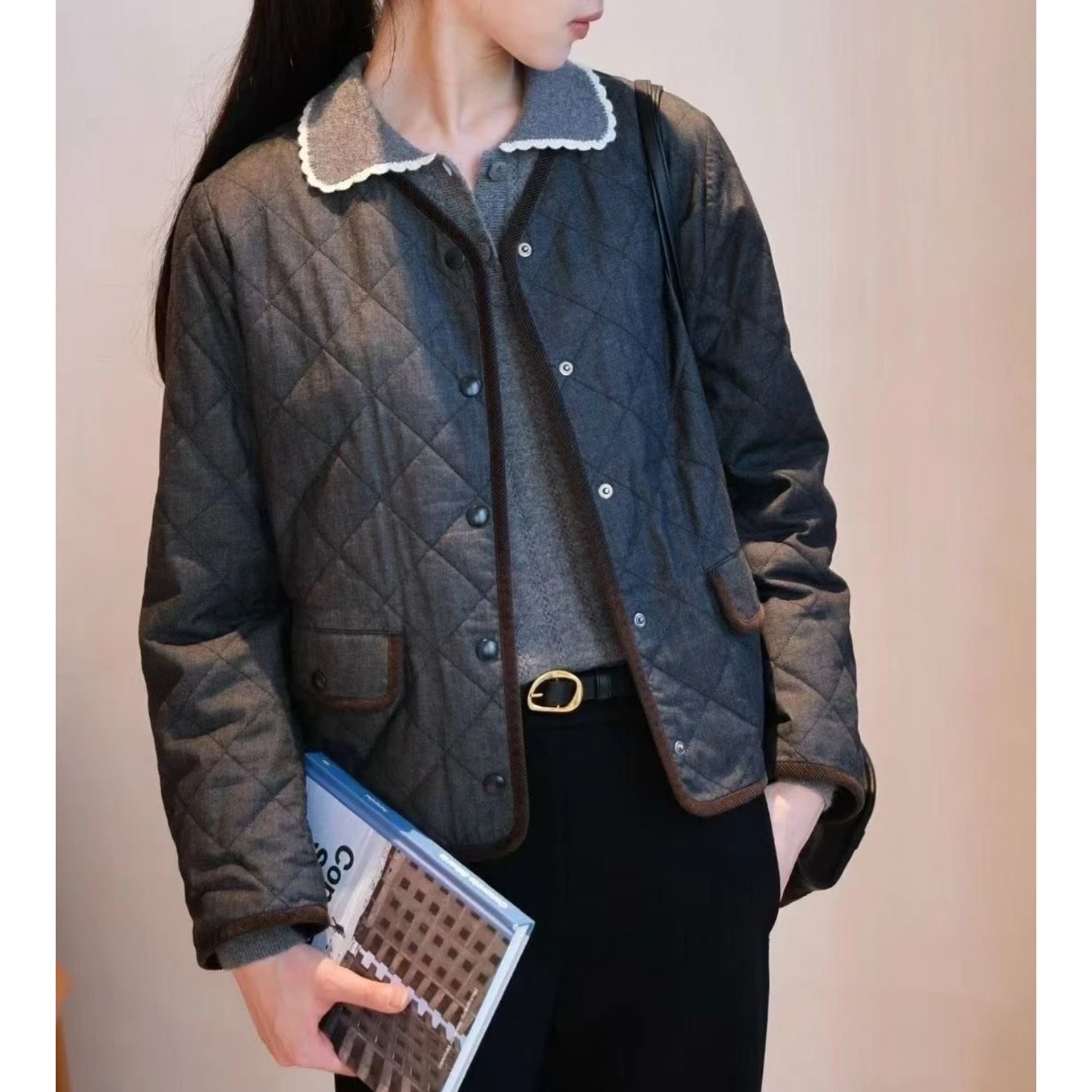 婦人服 2025 ダイヤモンドチェックコットン弾性デニムショートコットン服 ネックコットン服