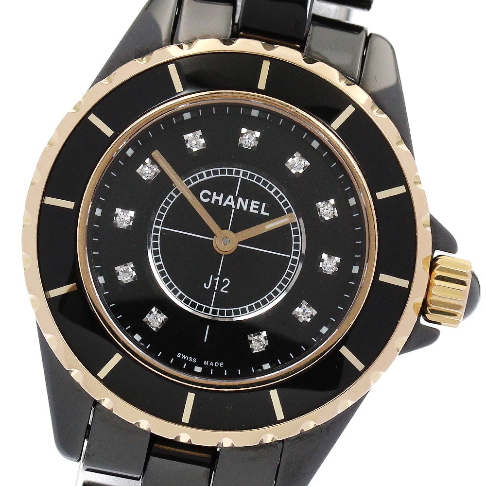 シャネル CHANEL H2543 J12 33MM 黒セラミック 11Pダイヤモンド YGベゼル デイト クォーツ レディース _893528【中古】