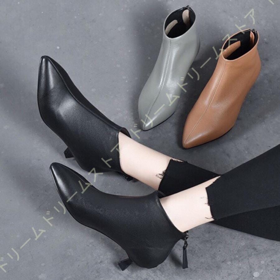 通勤 ブーティ ピンヒール アンクルブーツ バックファスナー 小さい/大きいサイズ ポインテッドトゥ ショートブーツ レディース ローヒール ヒールブーツ