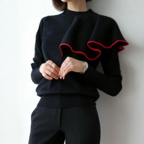 AW ドレープ ケープ風 パイピング アシンメトリー ニット レディース トップス ドレープ ケープ風 パイピング アシンメトリー ニット 長袖 カジュアル かわいい フェミニン きれいめ 大人可愛い