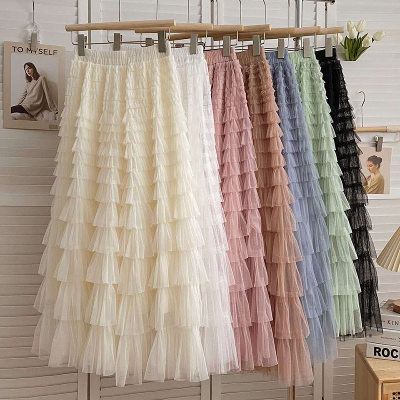 レディース 6色 スカート ピュアカラー レイヤードスカート ティアード フリル ロングスカート チュールレース ふわふわ 大人可愛い ママコーデ ママファッション オルチャン 人気 トレンド