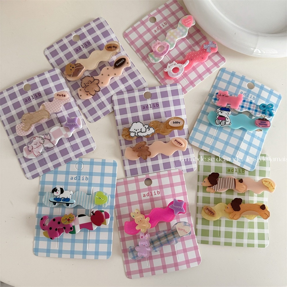 かわいい子猫と子犬のヘアクリップスイートガーリーハートサイドダックビルクリップ前髪クリップヘアアクセサリーヘアピンヘッドドレスの2パック