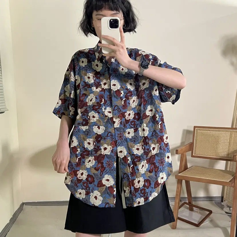 個性的レトロ柄シャツ レディース デザイン ゆったりスリム 半袖トップス ブラウス347