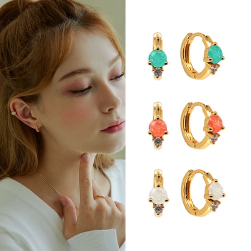 [韓国ファッションジュエリー] [ピンク/ミント/ホワイト] 原石 ワンタッチリングピアス (14kメッキ) カスタムジュエリー デイリーアクセサリー 韓国ファッション