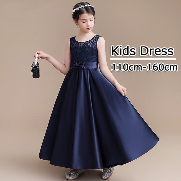 子供ドレス ワンピース ロングドレス ピアノ発表会 子供 ドレス ノースリーブ ネイビー サテン レース 女の子 フォーマルドレス パーティードレス 結婚式 七五三 発表会 フラワーガール キッズドレ