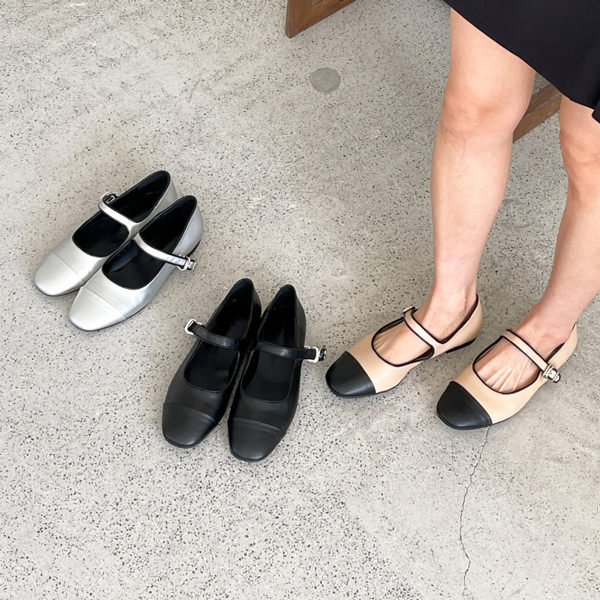 バレエシューズ パンプス フロントストラップ キャップトゥ フラット レディース ぺたんこ 黒 銀 ブラック ベージュ シルバー 歩きやすい 靴 婦人靴 韓国