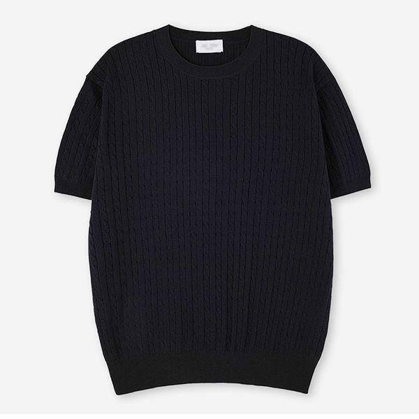メンズ クール リネン ケーブル ラウンド 半袖 ニットTシャツ AT KNH Q012 ブラック_P418183762