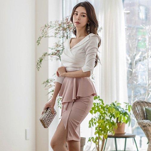 キャバドレス ナイトドレス ミディアムドレス セットアップ ツーピース ぺプラム ハイウエスト 七分袖 フレア レディース グラシア