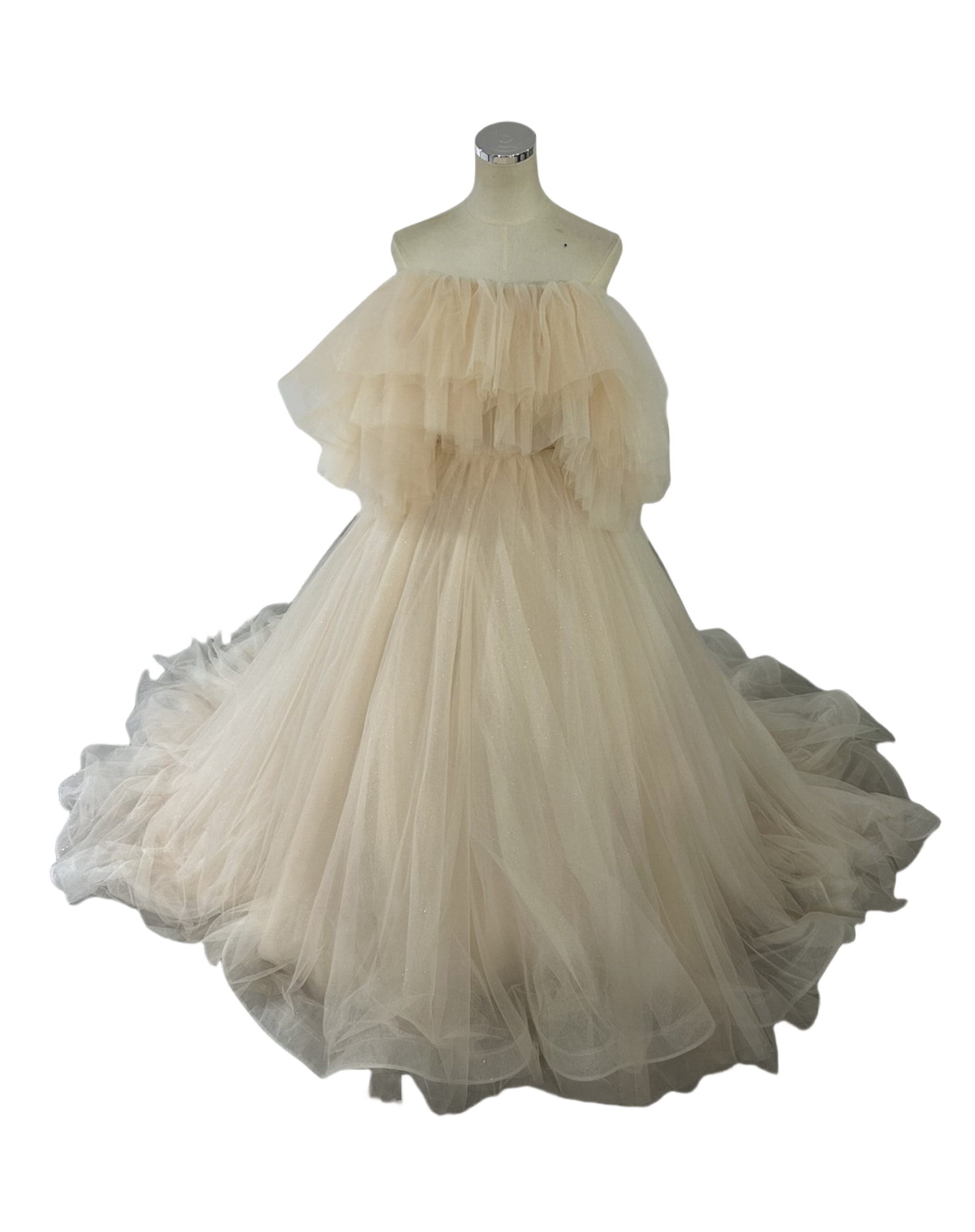 人気上昇！ウエディングドレス シャンパン色 キラキラチュール オフショルダー ファスナー ふわふわ 披露宴