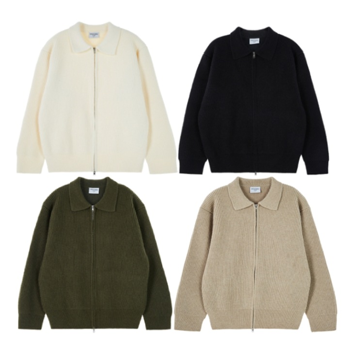 TWO-WAY HEAVY RIBBED COLLAR KNIT ZIP-UP