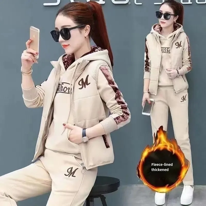 肥厚フリース冬のフード付きスウェットシャツの女性のカジュアル暖かいスポーツファッションセットスリーピース新スタイルソフト居心地の良い婦人服 - 200000345