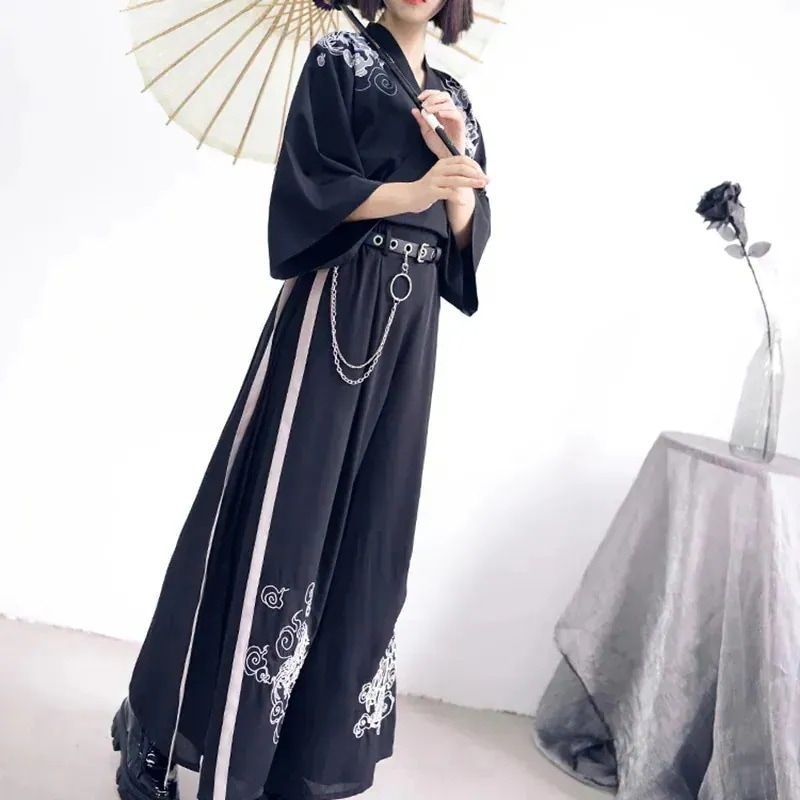 チャイナ風ワイドパンツ ボトムス 刺繍入り 黒いロンパン シフォン 飄逸