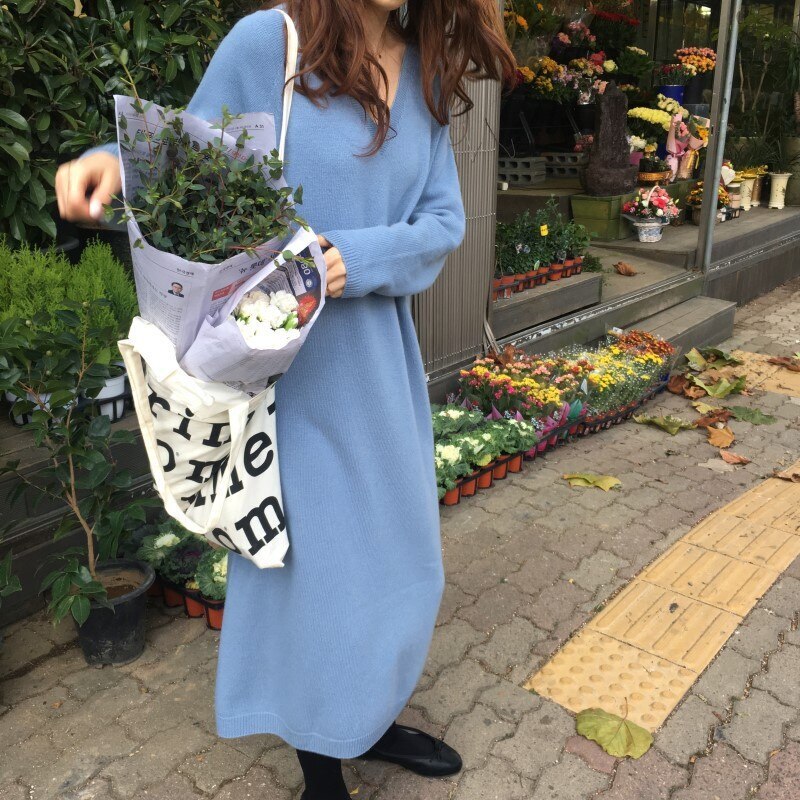 冬のワンピースニットワンピースドレス春冬ファッションニットワンピース長袖ワンピース超弾性ファブリックボタンVネック