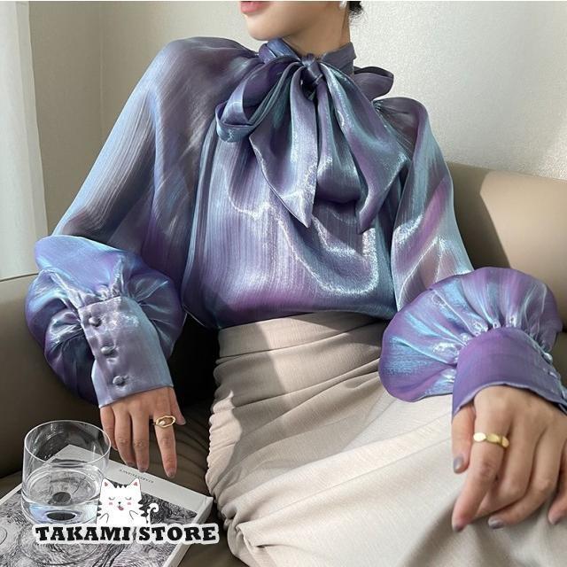 ボウタイブラウス トップス レディース 長袖 春秋 シアートップス ハイネック スタンドカラー バルーン袖 ボリューム袖 光沢 春 秋 ファッション