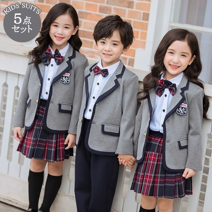 【急速出荷】卒業式 スーツ 女の子 男の子 5点セット 小学生 中学生 子供スーツ フォーマルスーツ チェック柄 プリーツスカート パンツ 卒業式服 卒服 卒業式スーツ ジュニアスーツ フォーマル 入