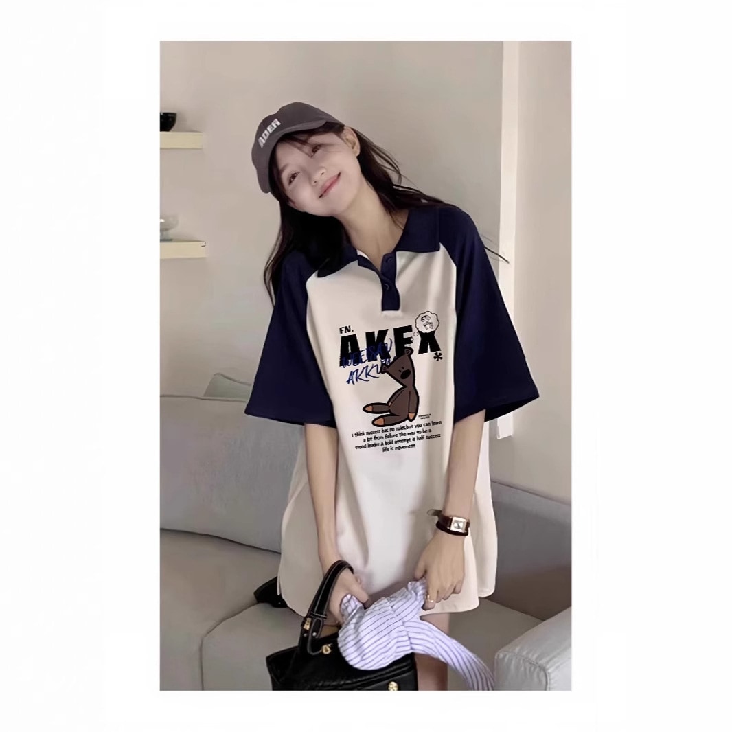 【1点ご購入 で10点プレゼントいたします】リバーシブルカラーのカートゥーンプリントコットンラグラン半袖Tシャツ女性レトロパッチワーク感トップス