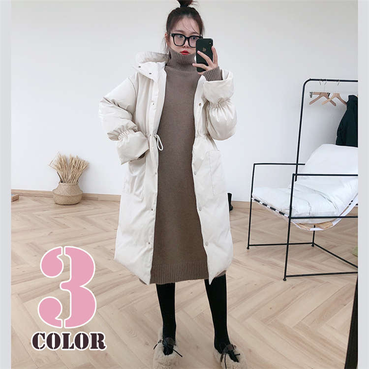 ダウンコート 絞り袖 防寒 厚手 軽量 ロングコート シンプル 大人 可愛い 無地 カジュアル フォーマル 万能 アウター 冬 ブラック ホワイト ピンク WT-187 海外通販