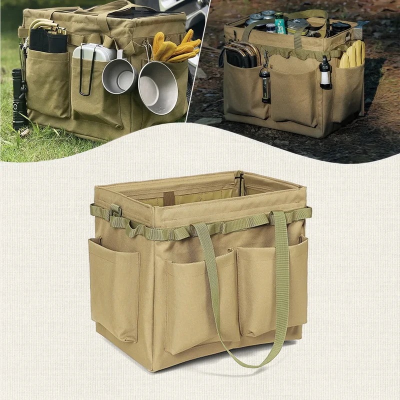 大容量キャンプ用収納ツールボックス,多機能ワイドマウスツールバッグ,アウトドアハイキングや釣り用の折りたたみ式オーガナイザーバッグ